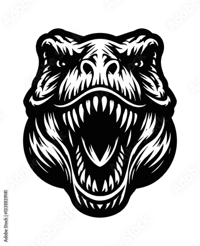 Detailed Vector Graphic of Dinosaur Head with Open Mouth Displaying Sharp Teeth in Black and White