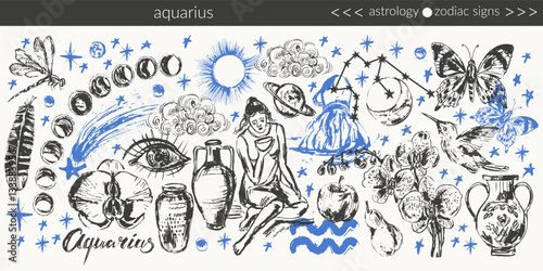 Hand drawn aquarius zodiac sign illustration, horoscope background with astrology symbols and talismans.