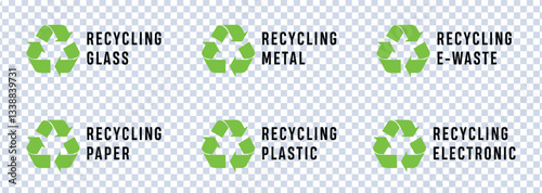 Recycling Icons Set – Glass, Metal, E-Waste, Paper, Plastic, Electronic Labels