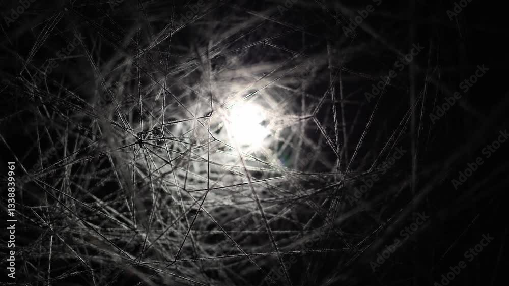 A glowing light struggles to break through a dense web of tangled threads, creating an eerie yet mesmerizing visual. The chaotic lines and deep shadows evoke mystery, entrapment, and surreal tension. A glowing light struggles to break through a dense web of tangled threads, creating an eerie yet mesmerizing visual. The chaotic lines and deep shadows evoke mystery, entrapment, and surreal tension.