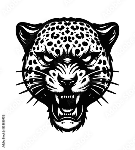 Fierce Leopard Face Growling with Sharp Teeth and Detailed Black and White Vector Illustration