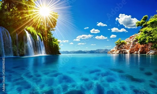 Lush waterfall cascading into a crystal-clear lake