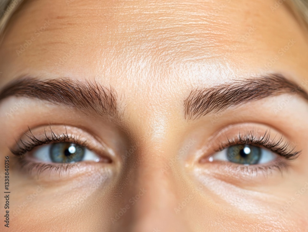 Obraz premium In this close-up, we witness the remarkable transformation achieved through Botox, specifically focusing on a woman's forehead, showcasing the elimination of wrinkles The radiant skin glows under
