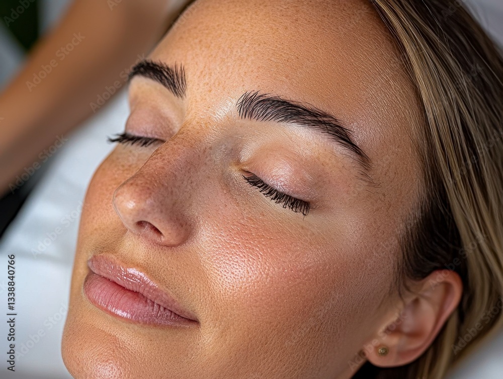 Fototapeta premium In this close-up image, we see a woman's forehead, artfully showcasing the effects of Botox The skin appears exceptionally smooth and free of wrinkles, a testament to the treatment's effectiveness