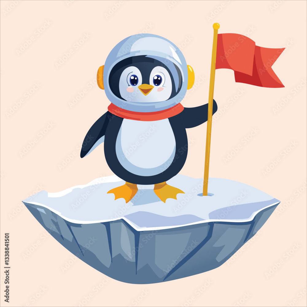 Naklejka premium A chubby penguin in a space helmet floating in zero gravity, surrounded by stars