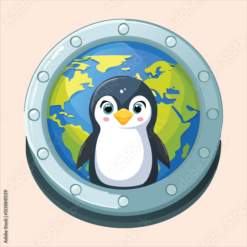 A chubby penguin in a space helmet floating in zero gravity, surrounded by stars