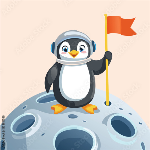A chubby penguin in a space helmet floating in zero gravity, surrounded by stars