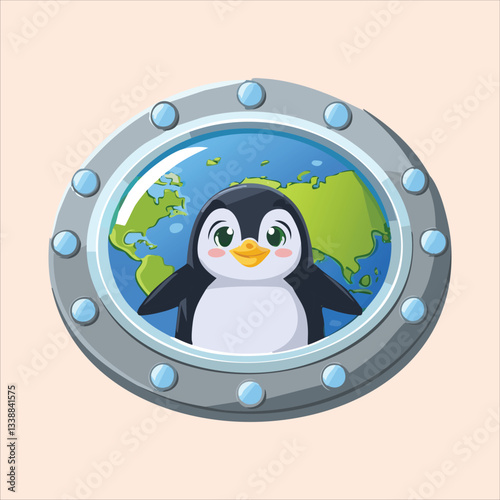 A chubby penguin in a space helmet floating in zero gravity, surrounded by stars