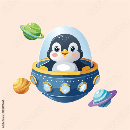 A chubby penguin in a space helmet floating in zero gravity, surrounded by stars