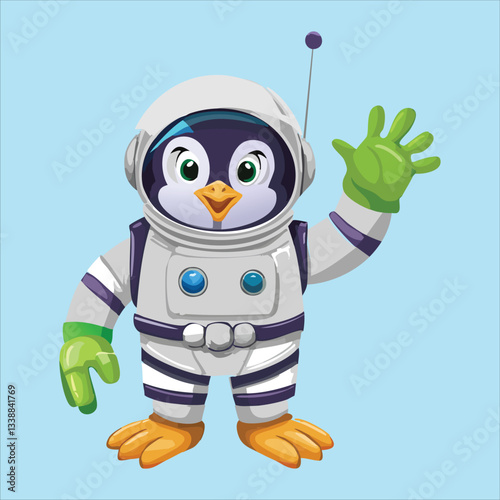 A chubby penguin in a space helmet floating in zero gravity, surrounded by stars