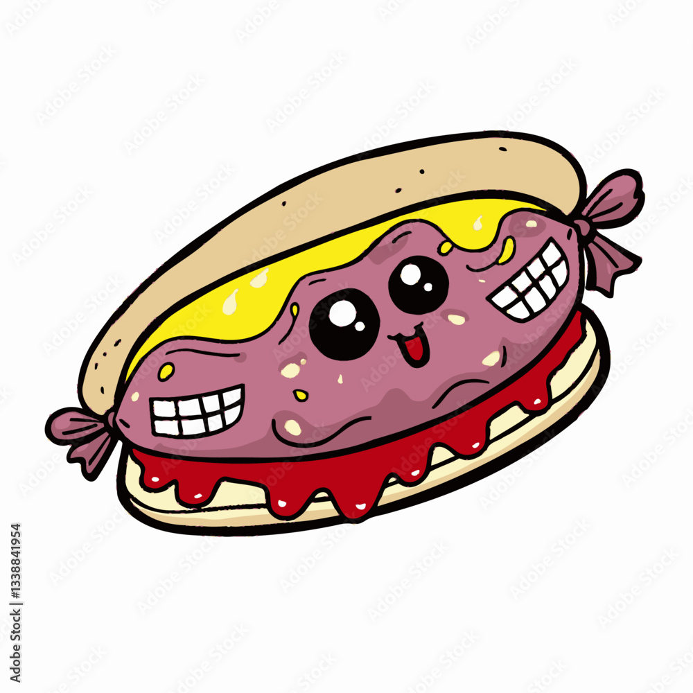 Joyful Hot Dog: a playful illustration of a hot dog, complete with cheerful facial features, nestled in a bun with mustard and ketchup. a delightful cartoon representing the food. Joyful Hot Dog: a playful illustration of a hot dog, complete with cheerful facial features, nestled in a bun with mustard and ketchup. a delightful cartoon representing the food.