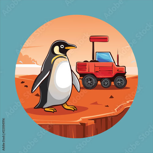 A chubby penguin in a space helmet floating in zero gravity, surrounded by stars
