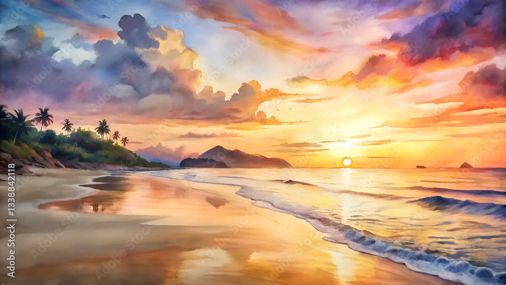 Fototapeta premium Watercolor Sun Set on the Beach.