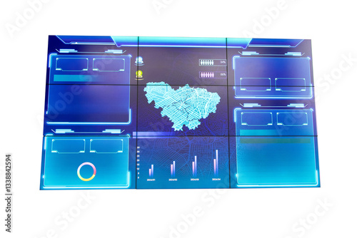 Dashboard hologram blue sign isolated on cut out PNG or transparent background. Futuristic virtual graphic touch interface target. Modern touch screen monitor control technology. Numeric graph data.