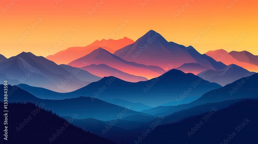 Fototapeta premium Serene Sunset Over Majestic Mountain Ranges A Vibrant Landscape Illustration