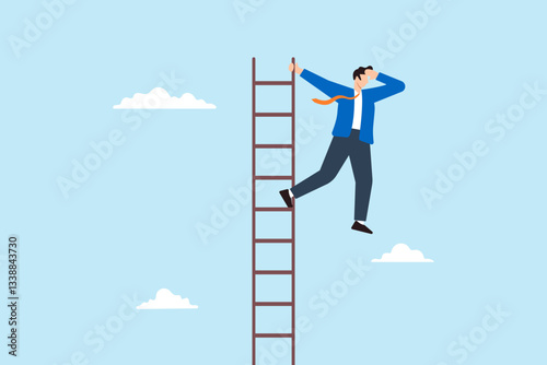 Flat illustration of confident businessman climb ladder high in sky looking toward future