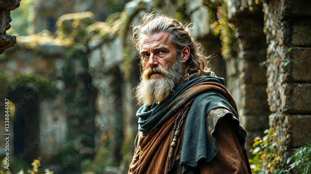 Ancient Sage Contemplation: A weathered elder, reminiscent of a wise philosopher, stands amidst overgrown ruins, his gaze reflecting a lifetime of experience.