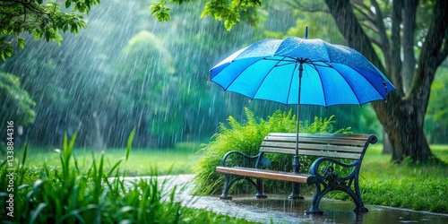 Wallpaper Mural Rainy Day Park Scene: Wet Blue Umbrella, Lush Greenery, Peaceful Atmosphere Torontodigital.ca