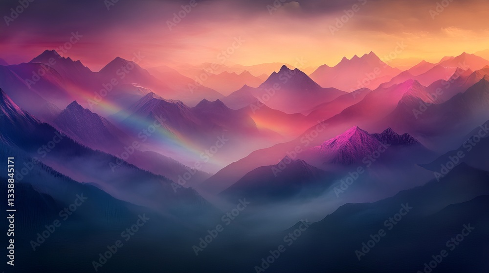 Obraz premium Vibrant mountain landscape with multicolored sky and atmospheric fog