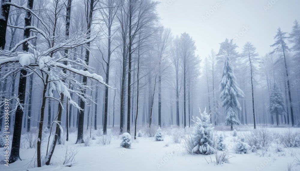 Fototapeta premium Winter Forest Landscape Covered in Snow and Fog with Bare Trees