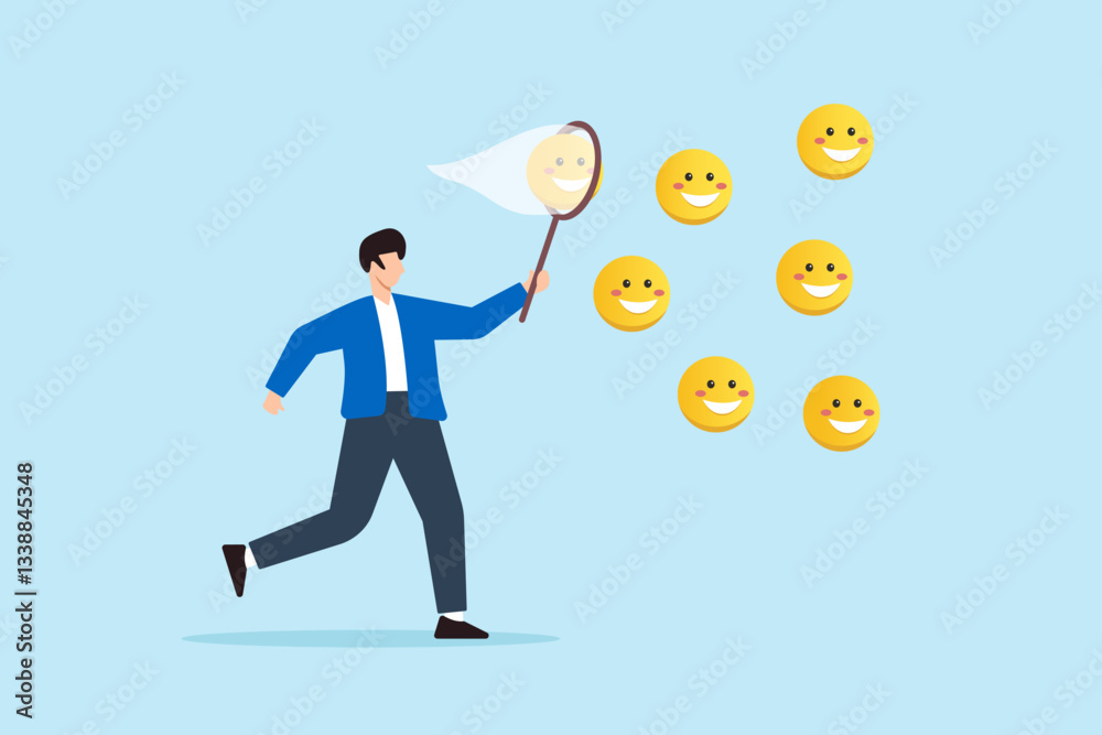 Flat illustration of cheerful man catch smiling face emoji with butterfly net symbolizing happiness