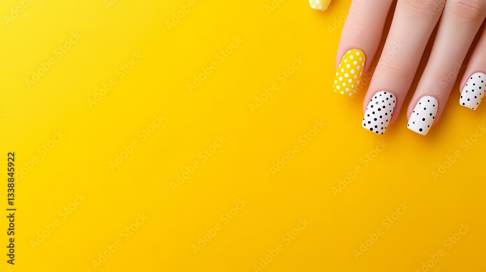 Fototapeta premium Colorful polka dot nail art design on yellow background