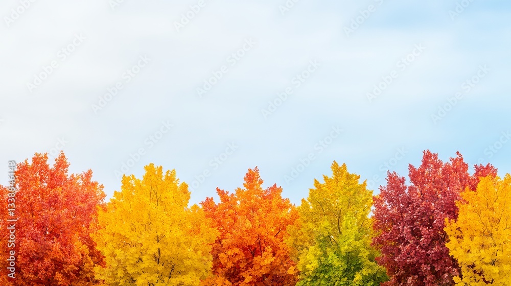 Vibrant autumn trees with red, orange, yellow, and green foliage under clear sky Vibrant autumn trees with red, orange, yellow, and green foliage under clear sky