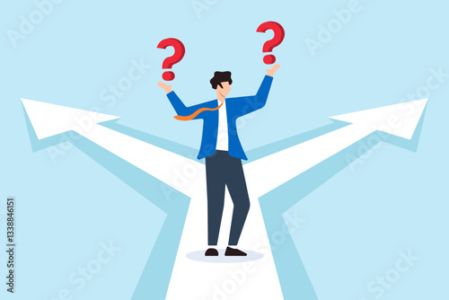 Flat illustration of businessman stand at crossroad with question mark confuse about which way to choose