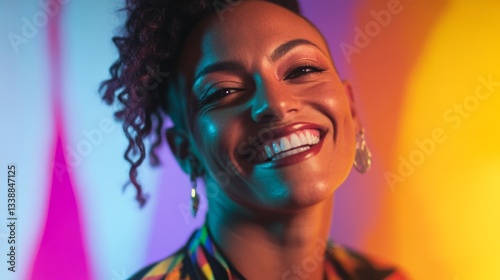 A transgender woman post-facial feminization surgery, radiant smile, celebrating her journey, supportive environment photo