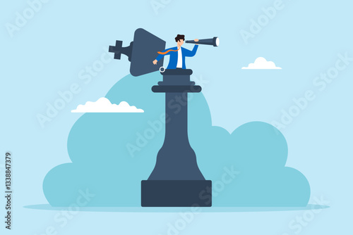 Flat illustration of business leader open chess king while looking through binocular planning business strategy