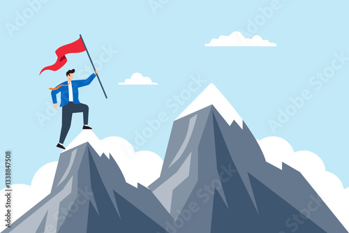 Flat illustration of motivated businessman reach mountain peak aiming for greater career success