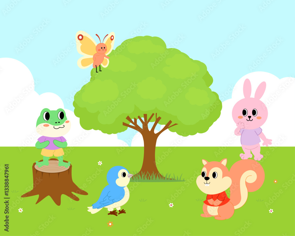 Naklejka premium 귀여운 만화 숲속 동물 친구 일러스트