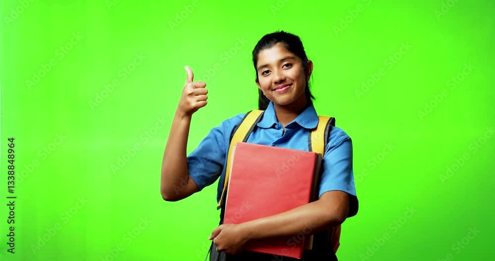 Indian Asian teenage girl in school uniform standing against green chroma screen, showing a victory gesture, raising her fist with confidence, symbolizing success, achievement, motivation, education Indian Asian teenage girl in school uniform standing against green chroma screen, showing a victory gesture, raising her fist with confidence, symbolizing success, achievement, motivation, education
