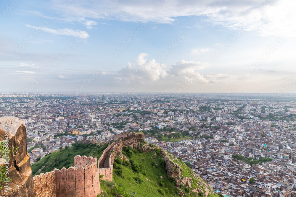 Fototapeta premium A breathtaking view of Jaipur city as seen from Nahargarh Fort, Rajasthan, India, offering a stunning blend of historical charm and urban landscape.