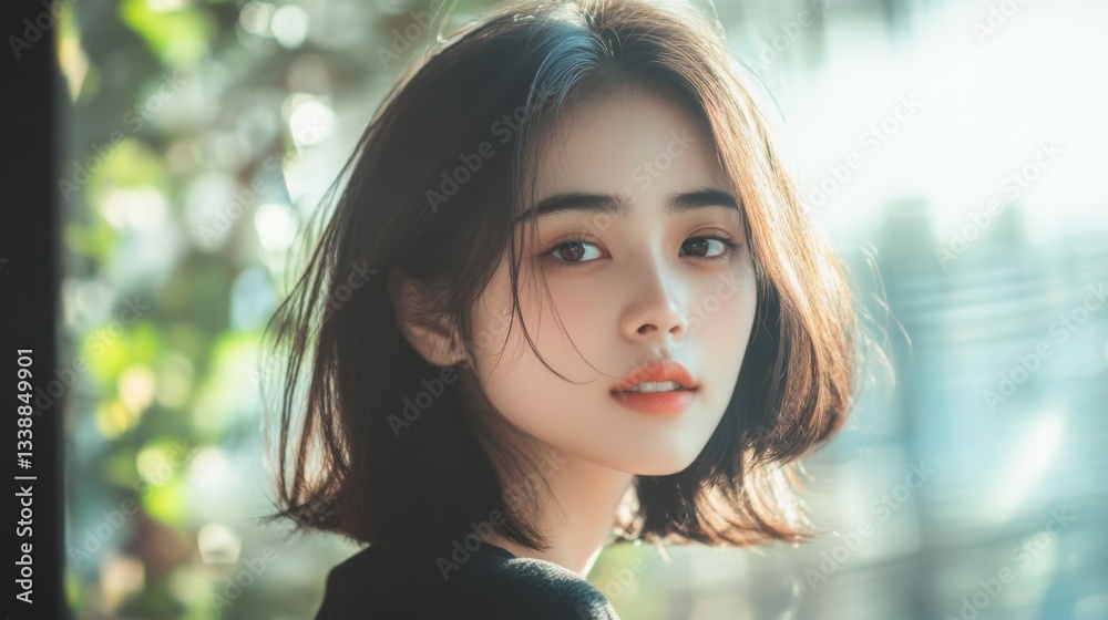 Naklejka premium A young Southeast Asian woman applying moisturizer in natural morning light, fresh and radiant skin, minimal makeup, soft-focus background
