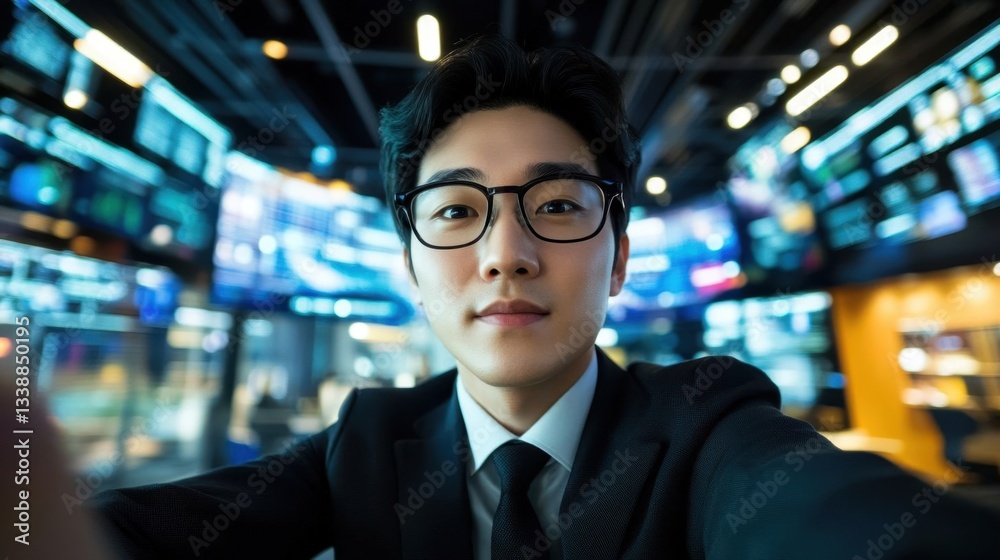 A young man taking a selfie in a sleek office.