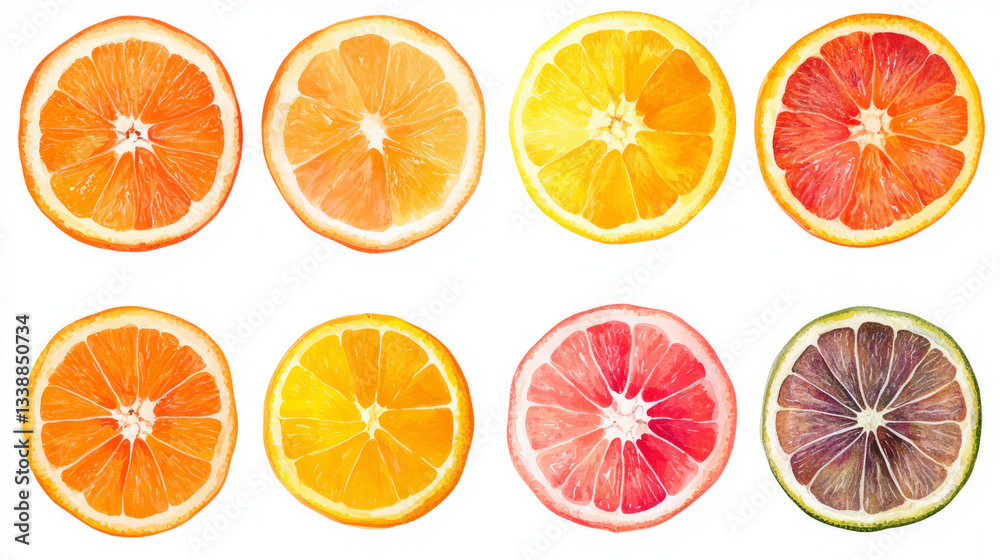 Set of multiple Vibrant Citrus Fruit Slices Illustrations, Oranges and Limes Set of multiple Vibrant Citrus Fruit Slices Illustrations, Oranges and Limes