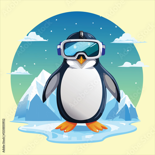 A penguin wearing VR goggles, looking amazed at a virtual ice world