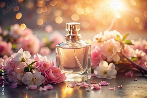 Pink Flowers & Perfume Mockup: Soft Sunlight, Feminine Fragrance, Beauty Product Photography