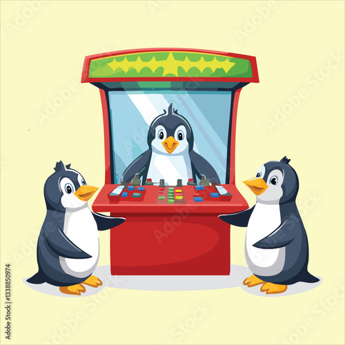 A penguin wearing VR goggles, looking amazed at a virtual ice world