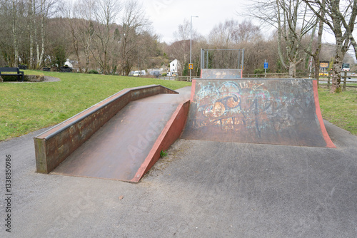 Skateboard ramps in an outdoor park with green grass and trees.