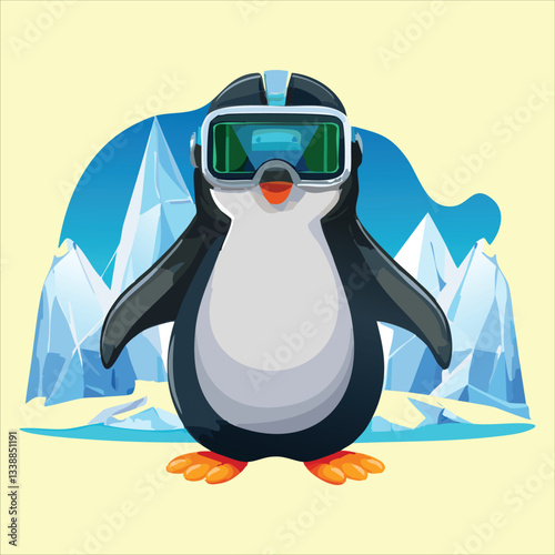 A penguin wearing VR goggles, looking amazed at a virtual ice world