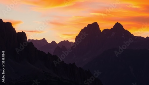 Silhouette of Majestic Mountains at Sunset with Orange and Yellow Sky