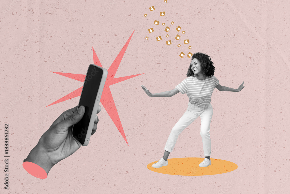 Naklejka premium Poster metaphor collage of girl moving dancing looking on cell gadget with like icons