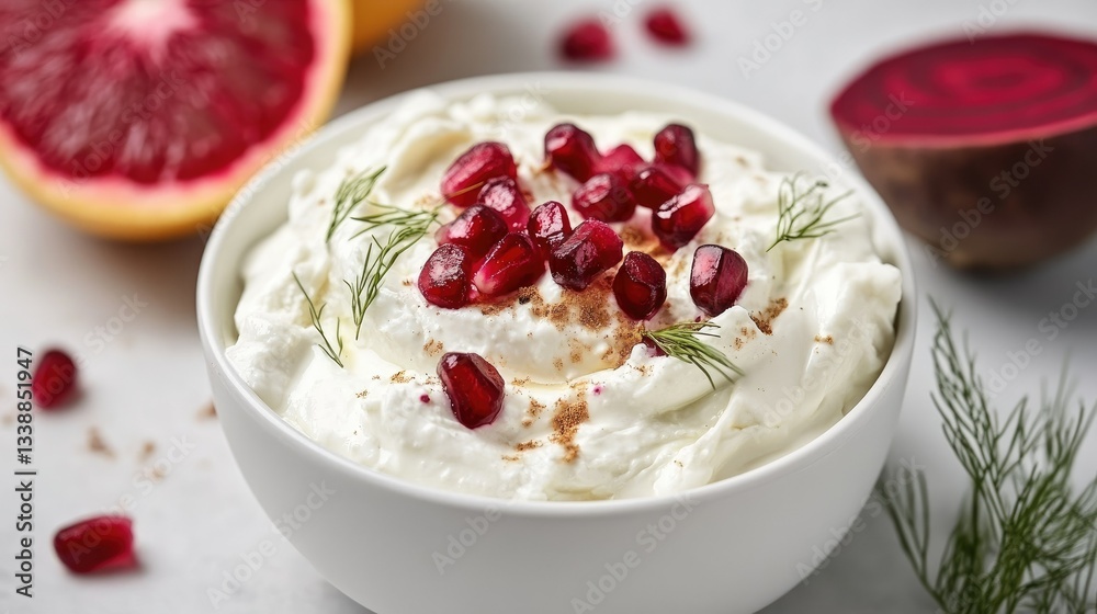 Creamy Yogurt Bowl with Pomegranate Seeds and Fresh Herbs Creamy Yogurt Bowl with Pomegranate Seeds and Fresh Herbs