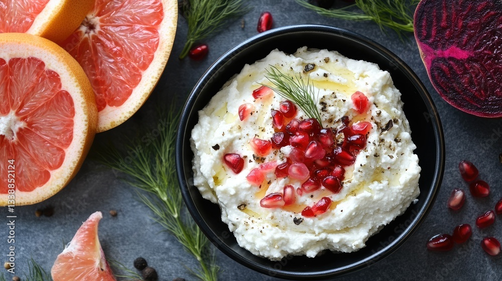 Creamy yogurt dip with pomegranate seeds and fresh grapefruit slices Creamy yogurt dip with pomegranate seeds and fresh grapefruit slices