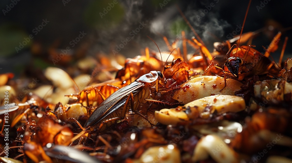 Cockroach infestation: Close-up of a swarm feeding on food scraps Cockroach infestation: Close-up of a swarm feeding on food scraps