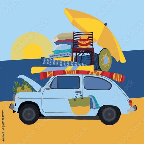 A vintage blue car packed with beach essentials, including umbrellas, mats, pillows, and pineapples, sits on a sandy shore against an ocean sunset. A fun and carefree summer vacation vibe.