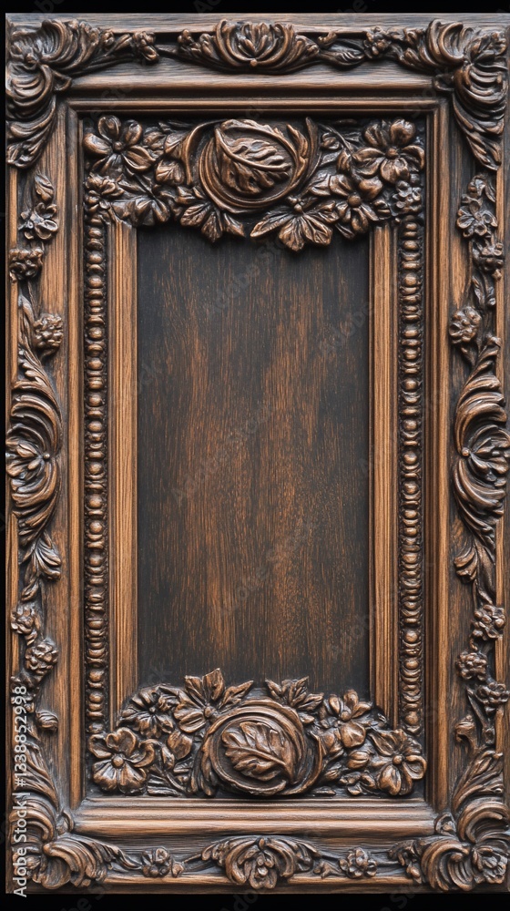 Intricate wooden frame featuring floral and leaf carvings texture detail Intricate wooden frame featuring floral and leaf carvings texture detail