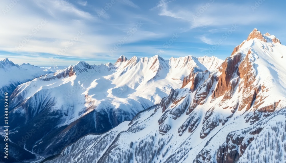 Fototapeta premium Snow-capped Mountain Range Under Blue Sky Aerial View Landscape Nature